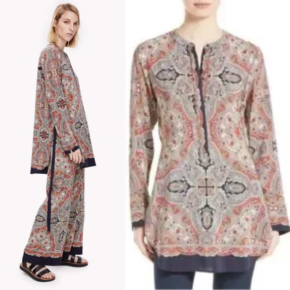 THEORY 100% Silk Maraseille Marseille Premont Paisley Print Tunic Top Size L